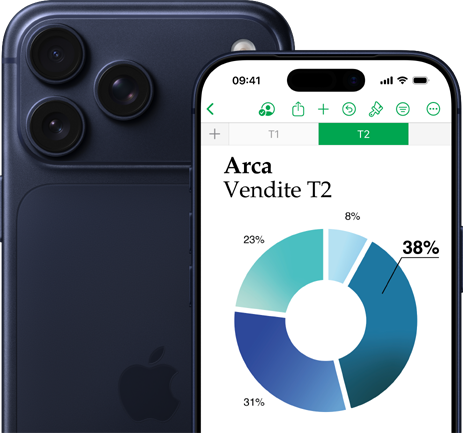 Un iPhone 17 Pro più grande che mostra il retro e la fotocamera, con davanti un iPhone 17 Pro più piccolo che mostra un grafico e le funzioni di Numbers