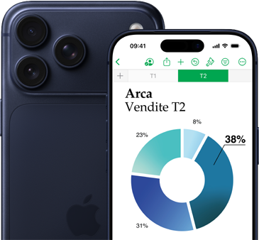 Un iPhone 17 Pro più grande che mostra il retro e la fotocamera, con davanti un iPhone 17 Pro più piccolo che mostra un grafico e le funzioni di Numbers