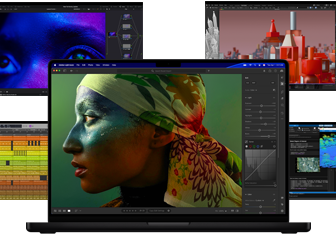 Una serie di schermate colorate provenienti da app per la produzione musicale, il montaggio video, l’animazione 3D e l’editing fotografico su Mac per mostrare le sue potenti prestazioni grafiche