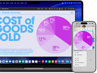 Un MacBook Pro 14 pollici con M5 e un iPhone 17 Pro Max mostrano una presentazione di Keynote con grafico a torta condivisa tra i due dispositivi grazie alle funzionalità di Continuity