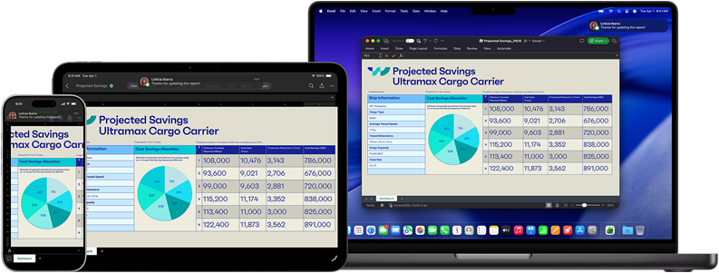 Schermi di iPhone 17 Pro, iPad Pro 11 con M4 e MacBook Pro con M4 che mostrano lo stesso foglio di calcolo di Microsoft Excel con dati organizzati in tabelle e grafici a torta