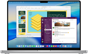 Una presentazione PowerPoint in una finestra e Slack in un’altra finestra sullo schermo di un MacBook Pro 16 pollici con M4